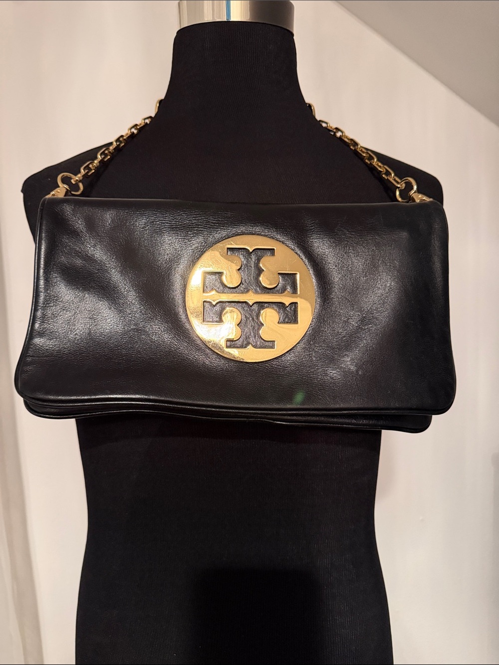 Tory Burch Black Leather Foldover Clutch with Gold Logo Medallion